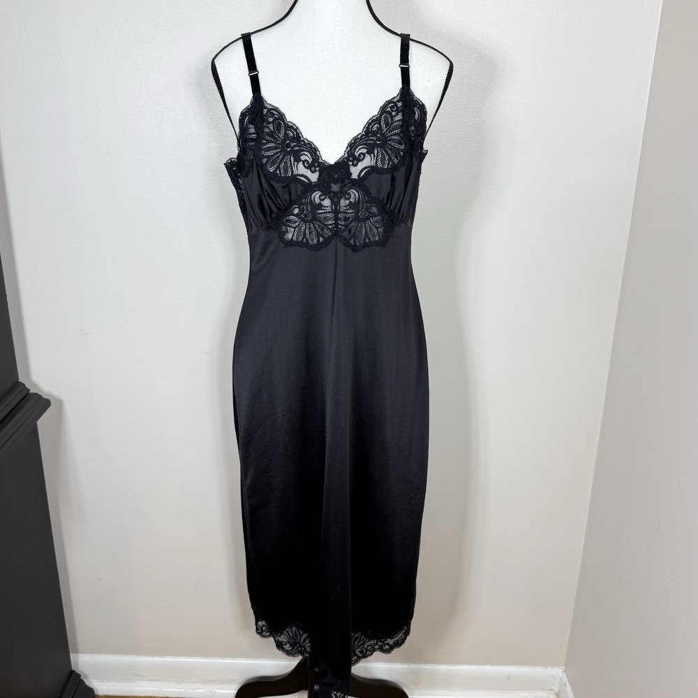 Vtg Shadowline Womens Full Slip Dress S Black Lace Trim Midi Lingerie Romantic